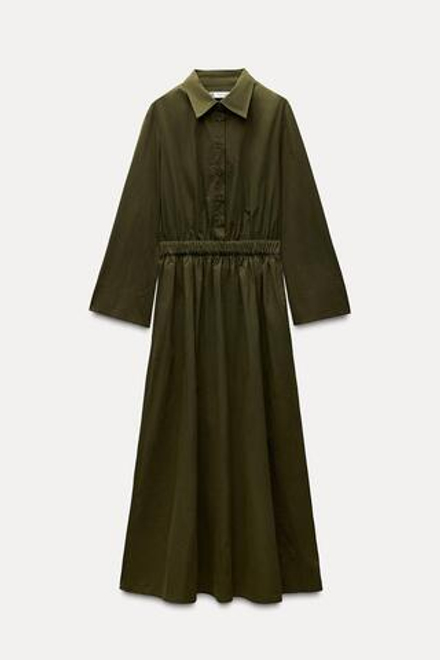 ZARA ПЛАТЬЕ-РУБАШКА МИДИ — ZW COLLECTION, ТЕМНЫЙ ХАКИ
