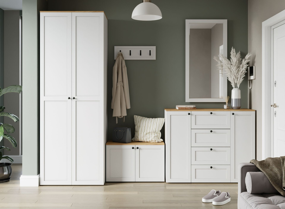 Прихожая с зеркалом комплект мебели Белый/Дуб крафт золотой 280х52х220 см