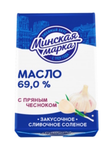 Масло сливочное соленое "Закусочное" с пряным чесноком 69% 180г Минская марка