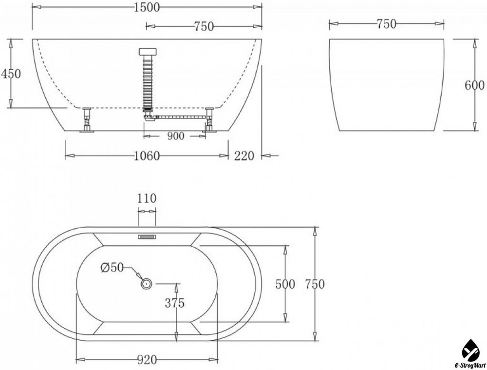 ВАННА АКРИЛОВАЯ ОТДЕЛЬНОСТОЯЩАЯ 1500*750 BELBAGNO BB70