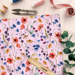 Ткань габардин маки, васильки, ромашки и колокольчики