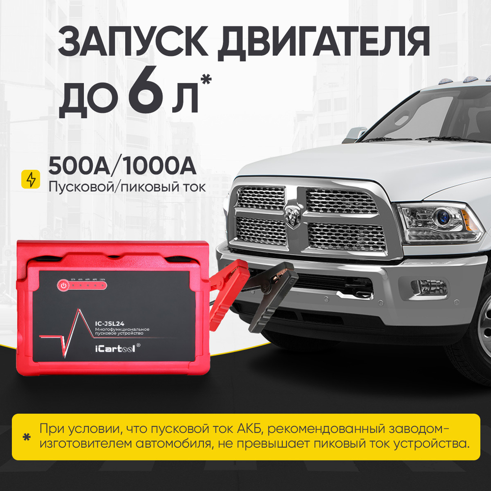 Пусковое устройство 12В, 24 000 мАч, 500/1000А iCartool IC-JSL24