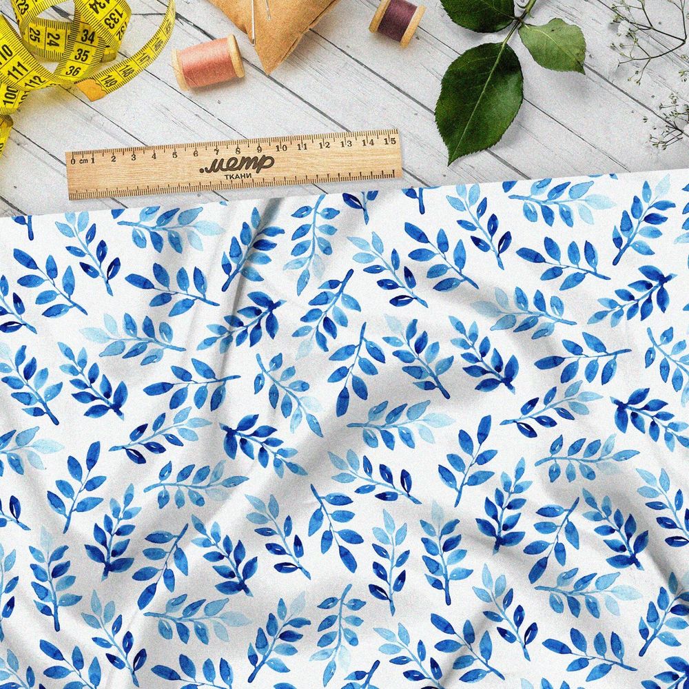 Ткань поплин акварельные синие листочки