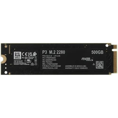 SSD M.2 Crucial 500Gb P3  (PCI-E 3.0 x4, up to 3500/1900MBs, 3D NAND, NVMe, 110TBW, 22х80mm)