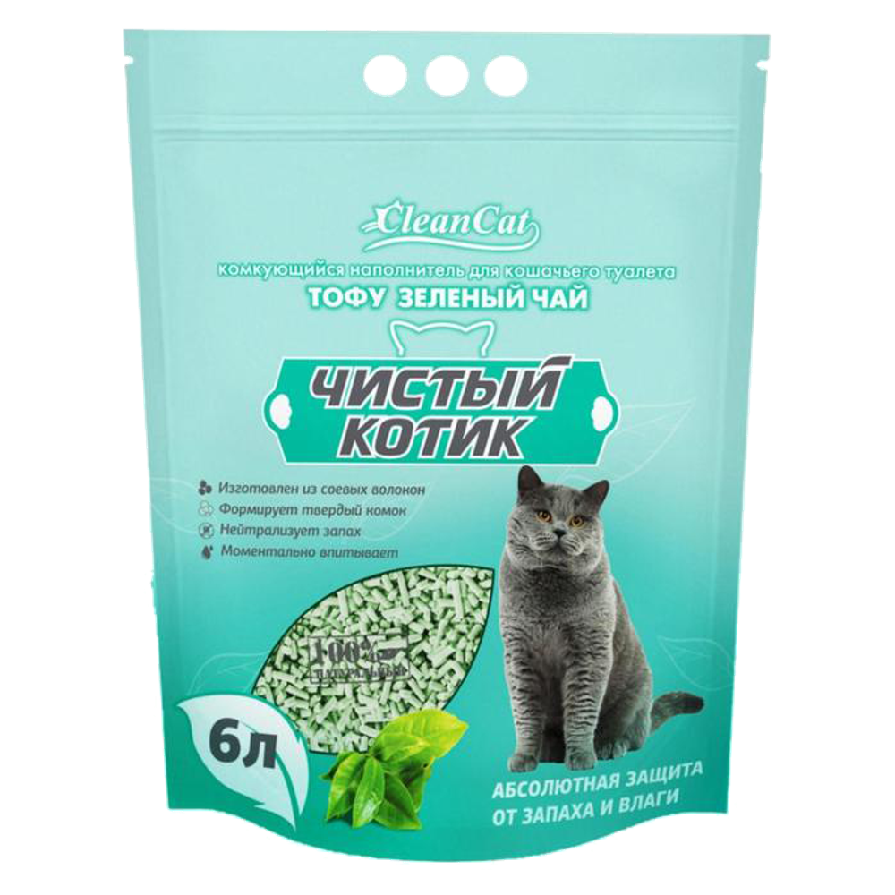 Чистый котик Наполнитель комкующийся Тофу Зеленый чай 6л