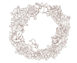 Seasonal Wreaths of plants and friends. Coloring Book