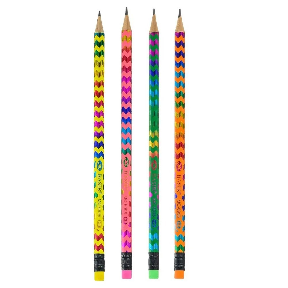 Черные простые карандаши с ластиком, 12 шт, MC-Basir, деревянные обычные чернографитные карандаши с круглым корпусом, HB (твердо-мягкий), серия "Волны", графитовые серые для школы