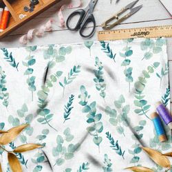 Ткань муслин акварельные листья на бежевом фоне с узором