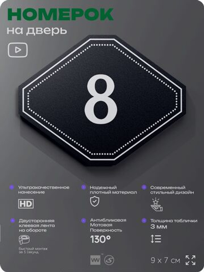 Номерок на дверь квартиры 8, для кабинета, офиса, шильдик 9 х 7 см, черный, Айдентика Технолоджи