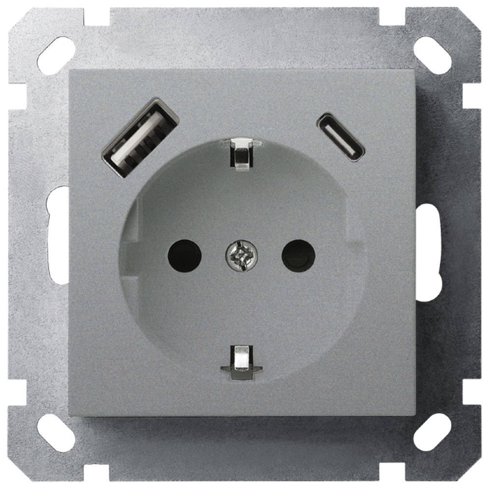 Розетка SCHUKO© с USB A+C с защитными шторками 16A 250V~ 2P+T USB 25W, цвет Алюминий
