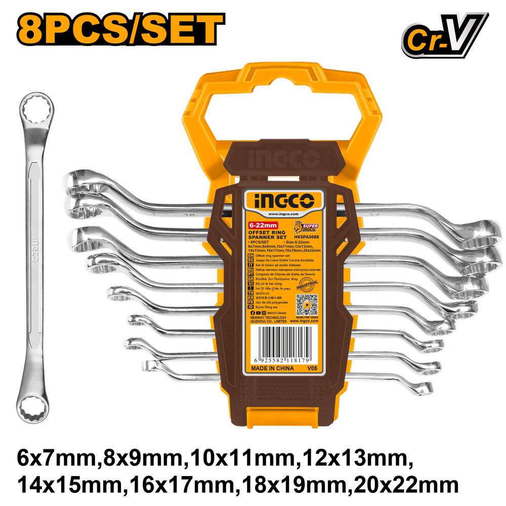 Набор накидных изогнутых ключей INGCO HKSPA3088 INDUSTRIAL 6-22 мм 8 шт.