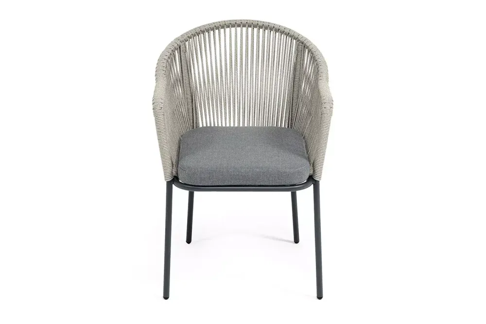 "Лион" стул плетеный из роупа, каркас из стали темно-серый (RAL7024) муар, роуп серый меланж круглый, ткань серая 017