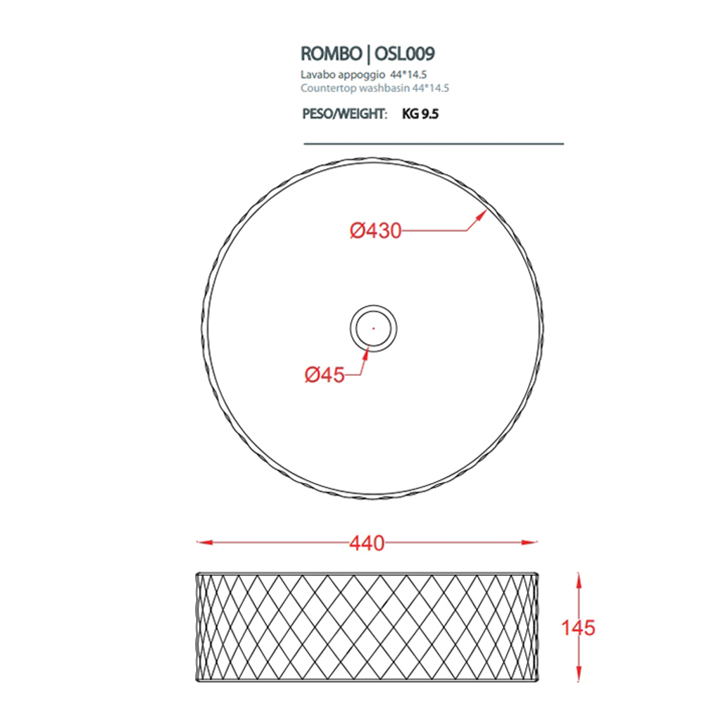 Раковина Artceram Rombo OSL009 01 00 накладная 44 см