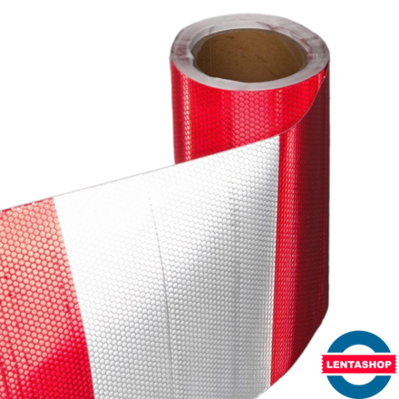 Бело-красная светоотражающая лента пунктирная 20 см х 10 метров