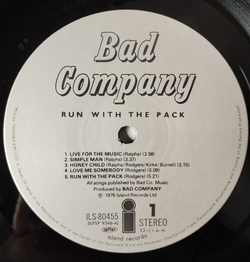 Винтажная виниловая пластинка LP Bad Company Run With The Pack (Japan 1976) (No Obi) ILS-80455