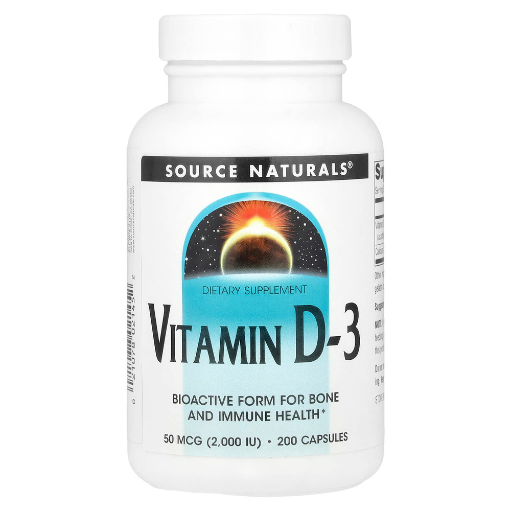 Source Naturals, Витамин D-3, 50 мкг (2000 МЕ), 200 капсул