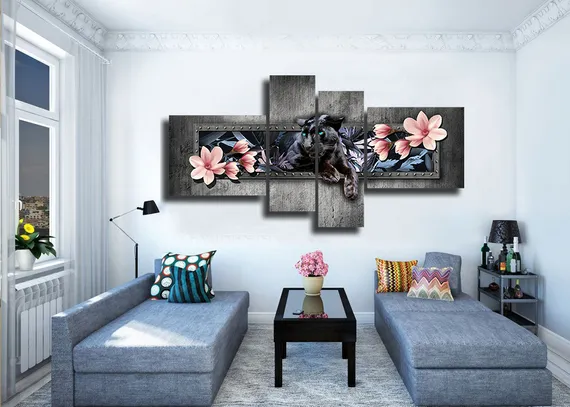 Модульная картина "Пантера и цветы"