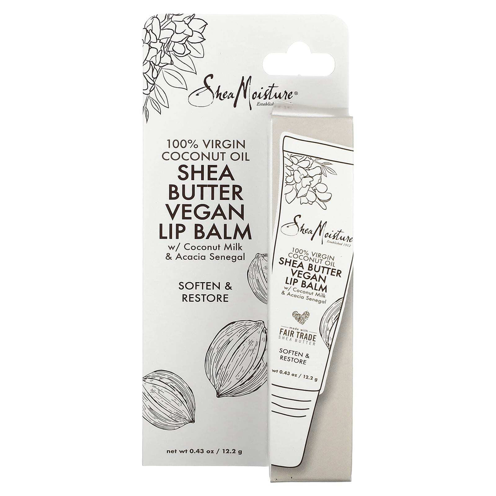 SheaMoisture, Веганский бальзам для губ с маслом ши, кокосовым молоком и сенегальской акацией, 100% кокосовое масло первого отжима, 12,2 г (0,43 унции)