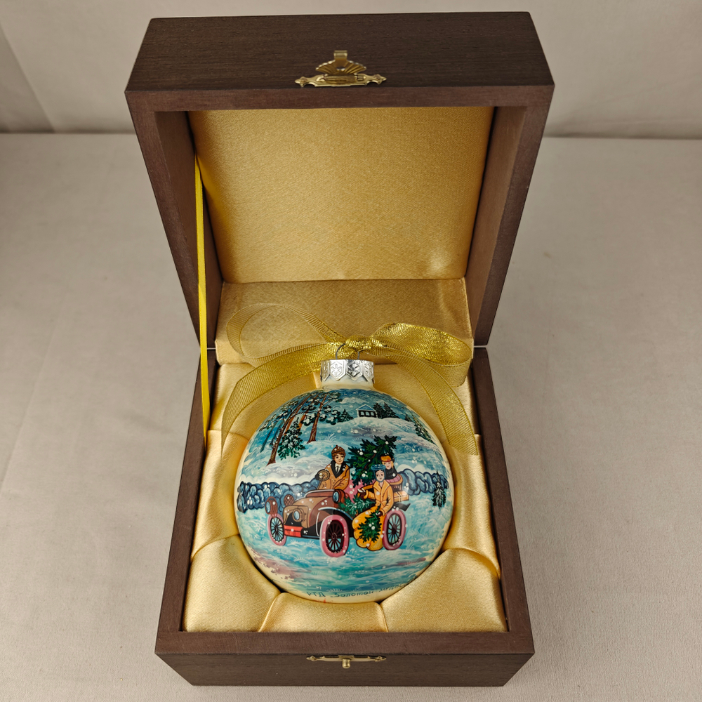 Коллекционный шар новогодний с круговой росписью Палех "Новый год"-3 в футляре