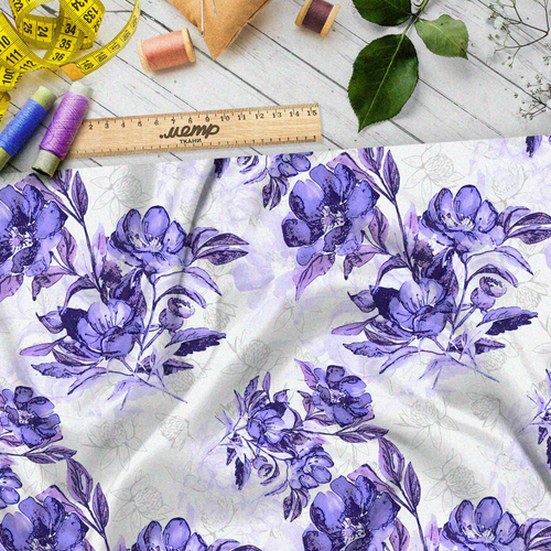 Ткань лён фиолетовые цветы, нарисованные акварелью