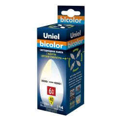 LED-C37-6W-WW+NW-E14-FR PLB01WH Лампа светодиодная. Форма свеча. матовая. Серия Bicolor. Теплый белый свет Белый свет. Картон. ТМ Uniel.