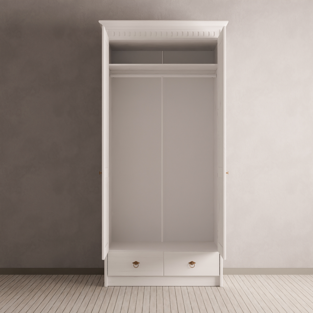 Шкаф для одежды Боцен из сосны, 2 двери 1 ящик, 108х62х222, со штангой и полкой, белый воск