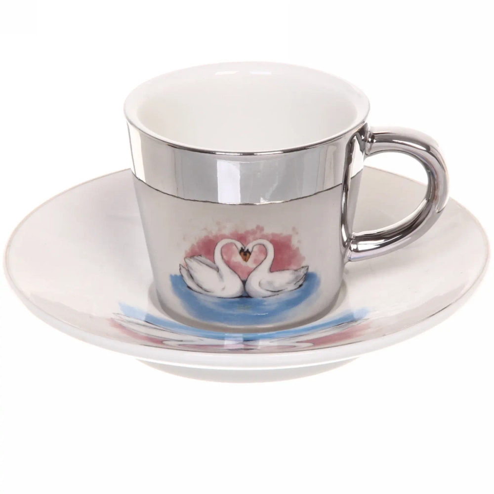 Кофейная пара (зеркальная кружка 90мл+блюдце) анаморфный дизайн «Лебеди»