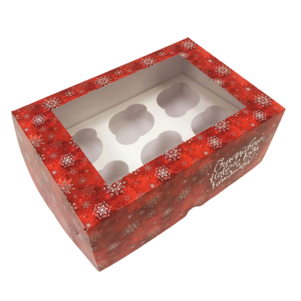 Коробка для 6 капкейков "Снежинки" красная, с окном