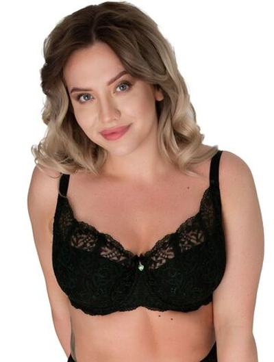 Бюстгальтер с чашкой +size на тонком поролоне и изысканной зелёной вышивкой (Размер: 75J) (Цвет: черный)