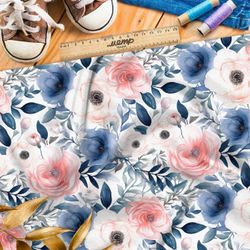 Ткань премиум габардин акварельные розовоголубые цветы