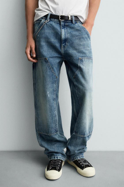 ZARA ДЖИНСЫ В РАБОЧЕМ СТИЛЕ С ЭФФЕКТОМ ПОТЕРТОСТИ, СИНИЙ