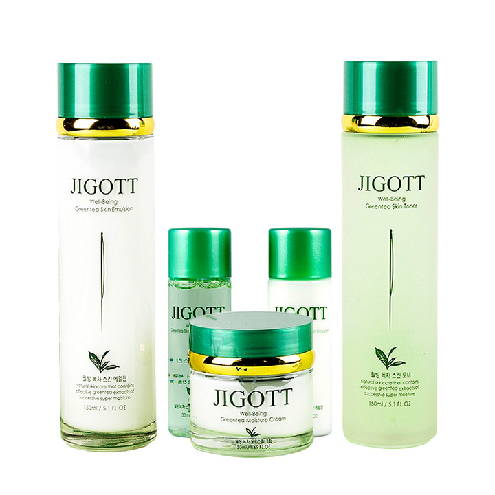 Набор для ухода за лицом Jigott Well-Being Green Tea Skin 3Set Зеленый чай (тонер, эмульсия, крем) (5в1)