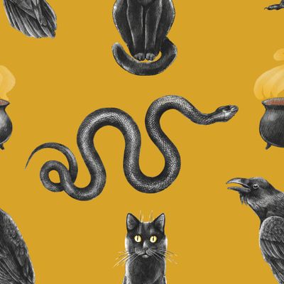 Ведьминский узор с котом, вороном и змеей на желтом