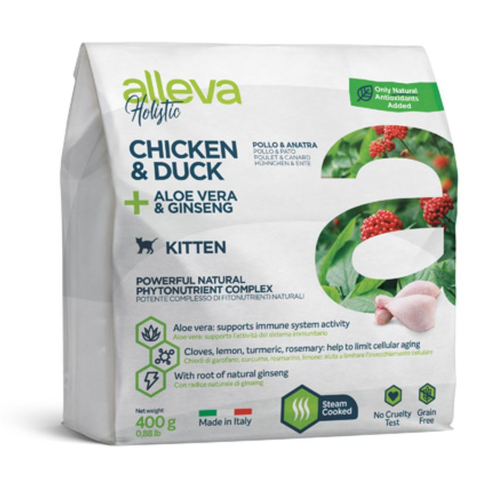 Корм Аллева Холистик Holistic Chicken & Duck + Aloe vera & Ginseng Kitten для котят, беременных и кормящих кошек с курицей и уткой, алое вера и женьшенем, 0,4 кг