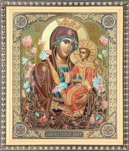 Икона БМ "Неувядаемый цвет", вид 2, 15х18 в раме 18х21