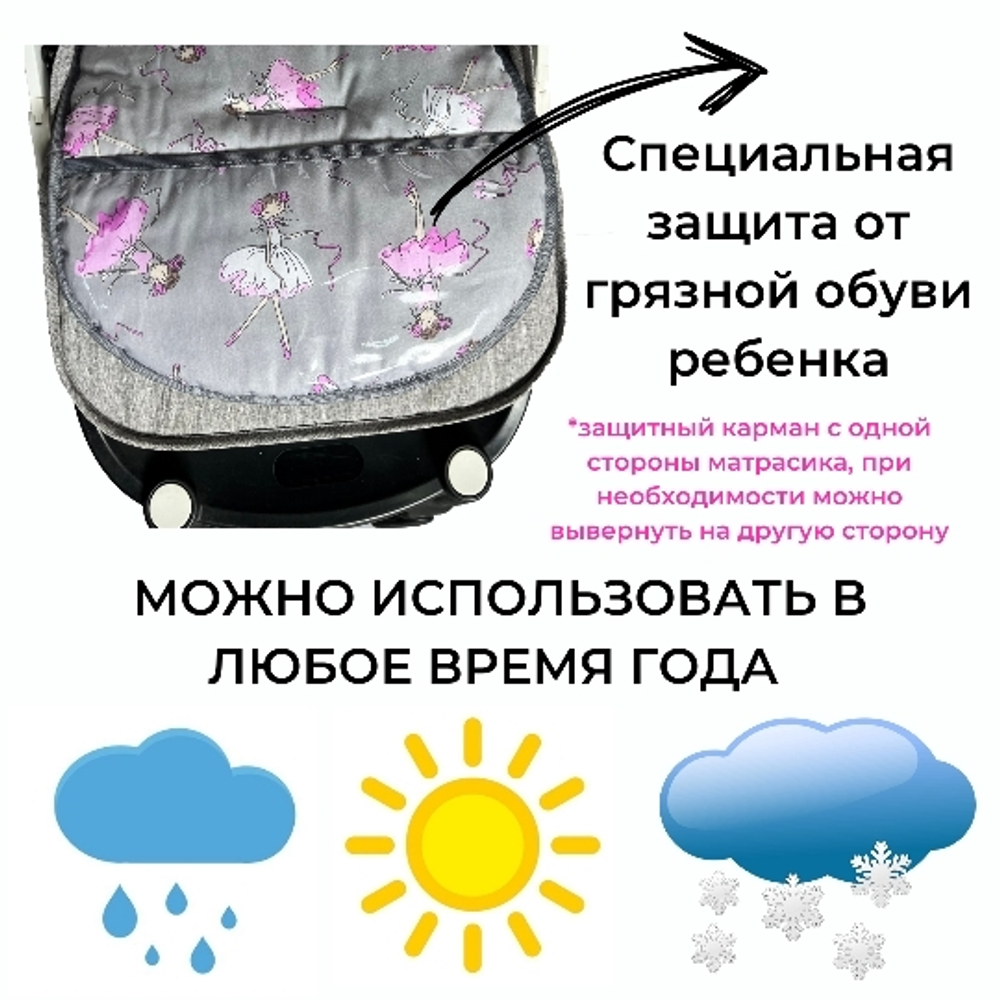 Матрасик в коляску с подножкой из ПВХ пленки серый балерины
