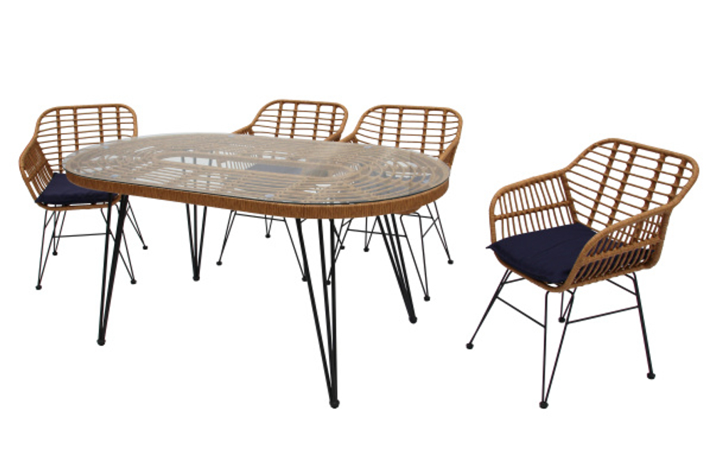 Набор мебели Адриан арт.GS006/GS007 бежевый, 14 уп.(4 стула Адриан+стол обеден.160 см. 2 уп., каркас черн, ротанг бежевый) "Garden story"