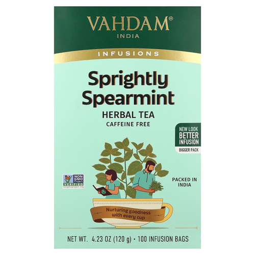 VAHDAM India, Infusions, травяной чай, мята колосистая, без кофеина, 100 пакетиков для заваривания, 120 г (4,23 унции)
