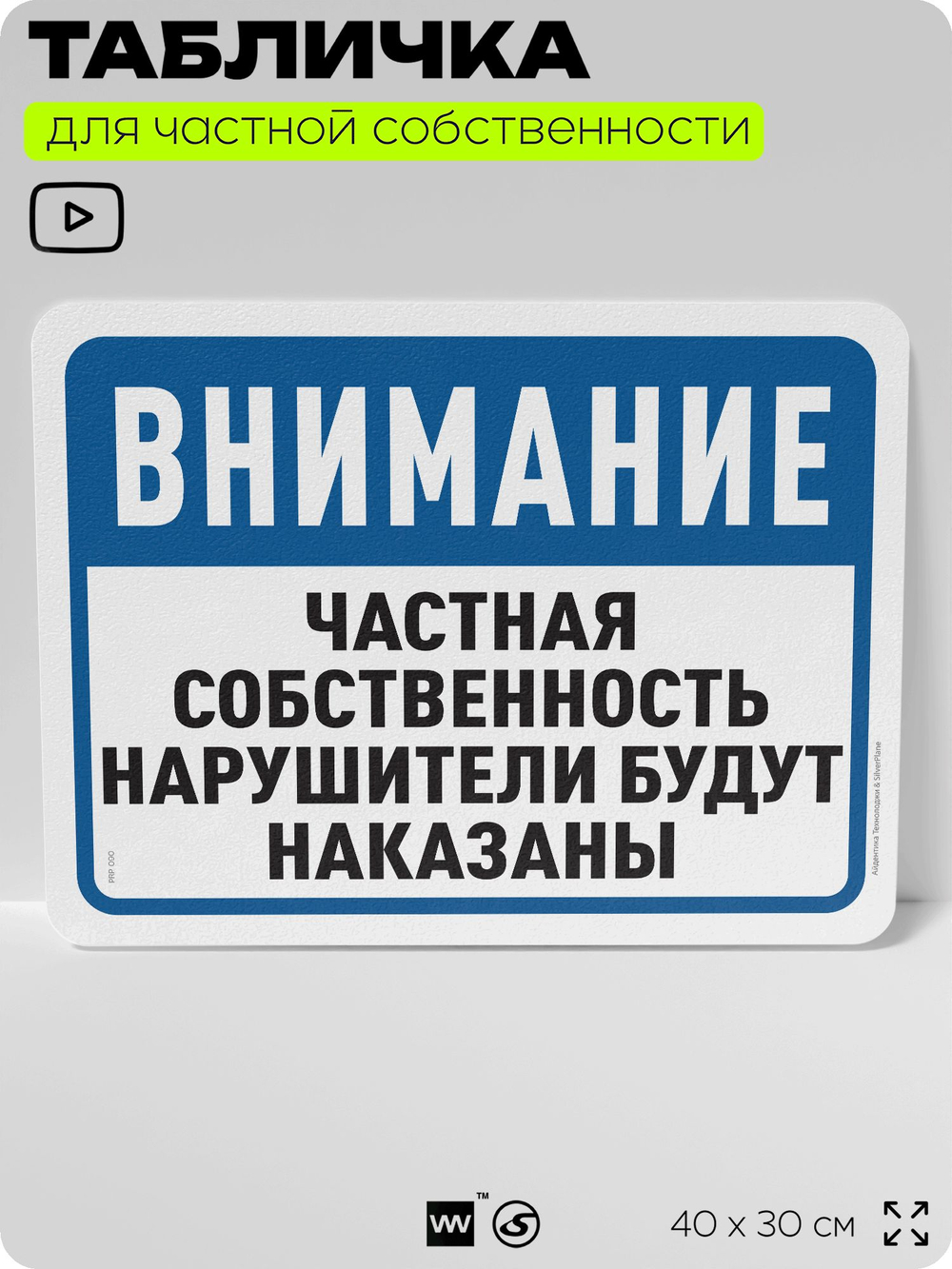 Табличка для частной территории "Частная собственность, нарушители будут наказаны", на дом, для участка, организаций, предупреждающая, 40х30 см, Silver Plane x Айдентика Технолоджи