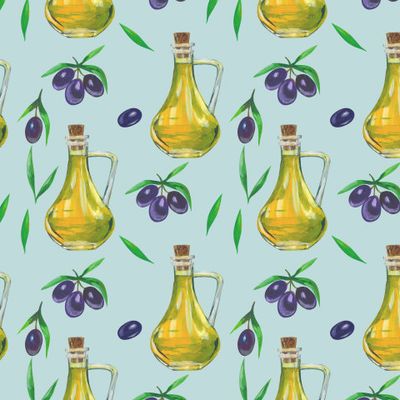 Бутылки с оливковым маслом и оливками