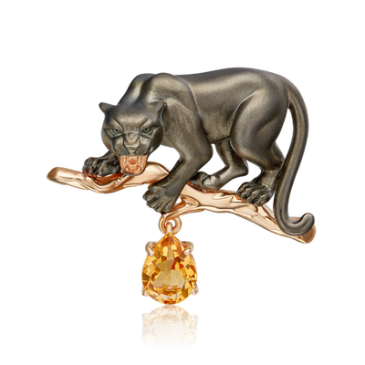 Брошь «Чёрная пантера» из красного золота с цитрином