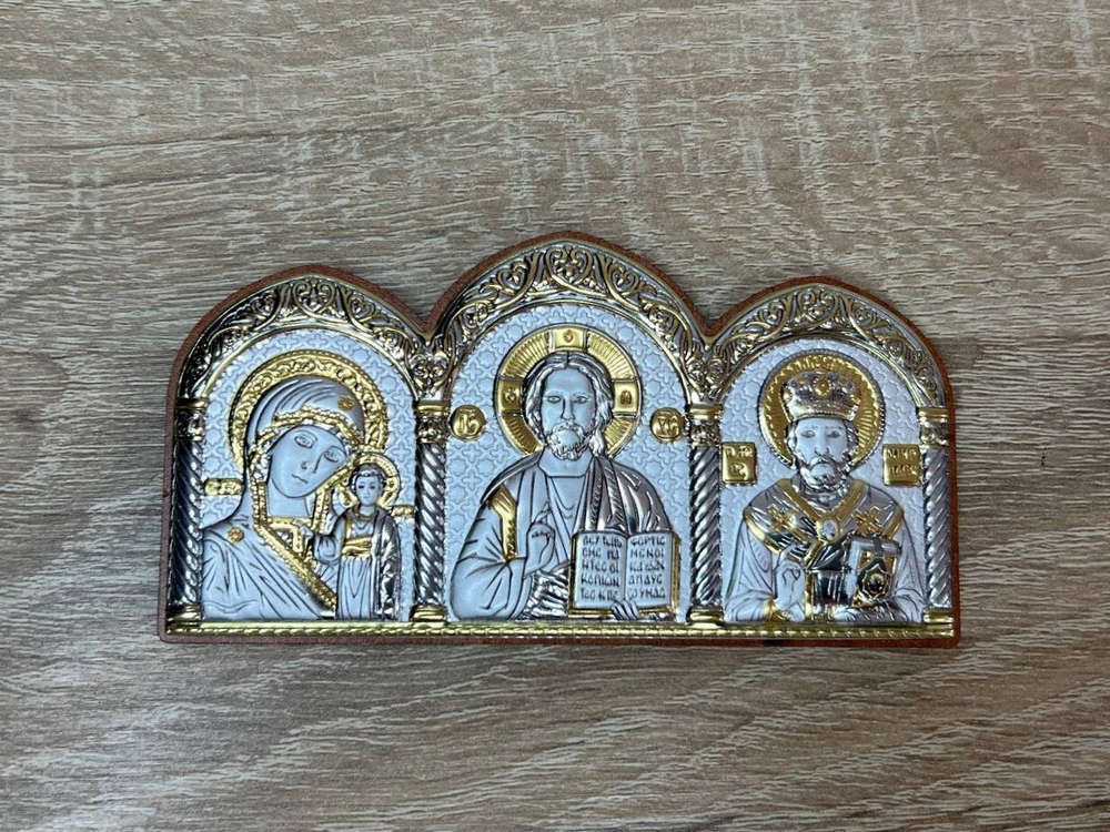 Спаситель, Казанская БМ, Николай Чудотворец, триптих автомобильный 55х105мм