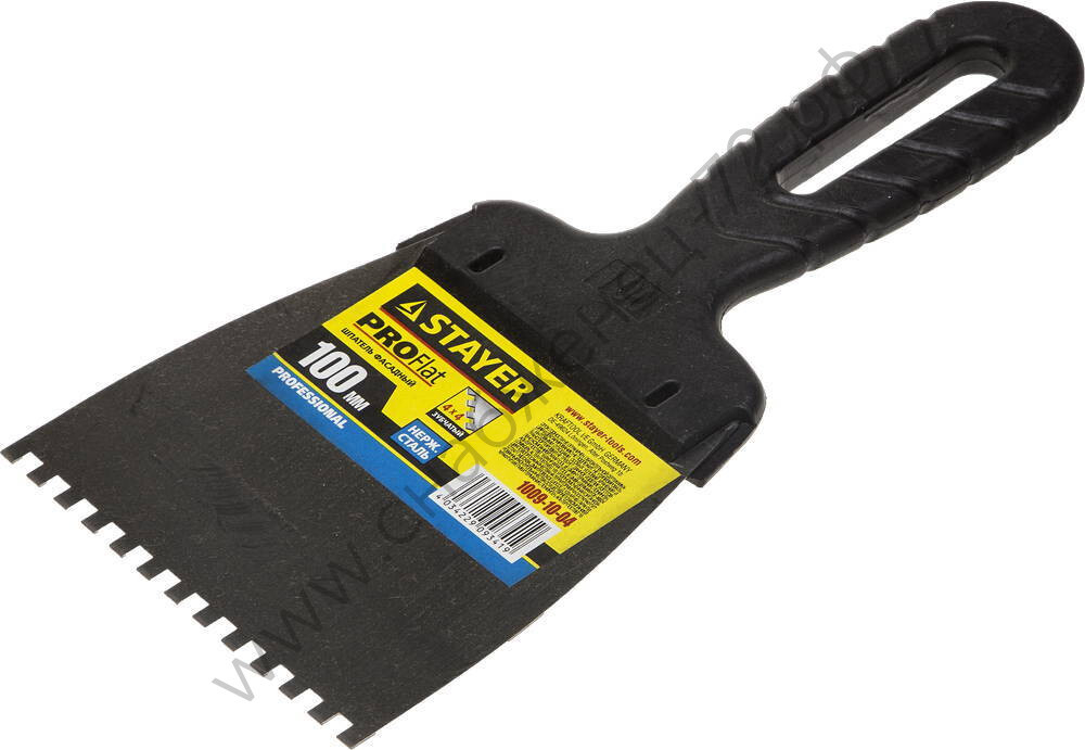 STAYER ProFLat 100 мм, зуб 4х4мм, пластиковая ручка, зубчатый, нержавеющий, Фасадный шпатель, PROFESSIONAL (1009-10-04)