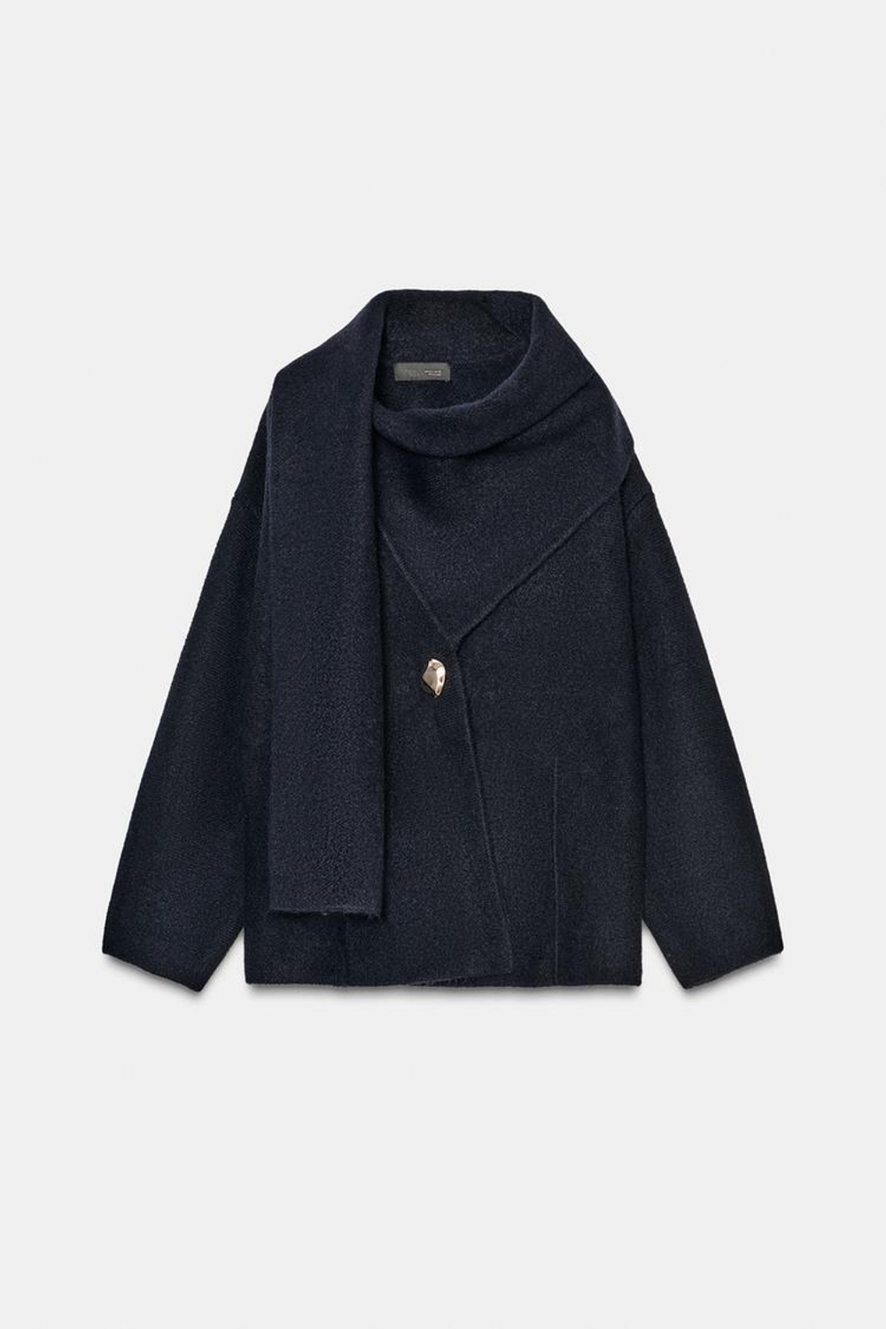 ZARA КОРОТКОЕ ТРИКОТАЖНОЕ ПАЛЬТО С ШАРФОМ, МОРСКОЙ СИНИЙ