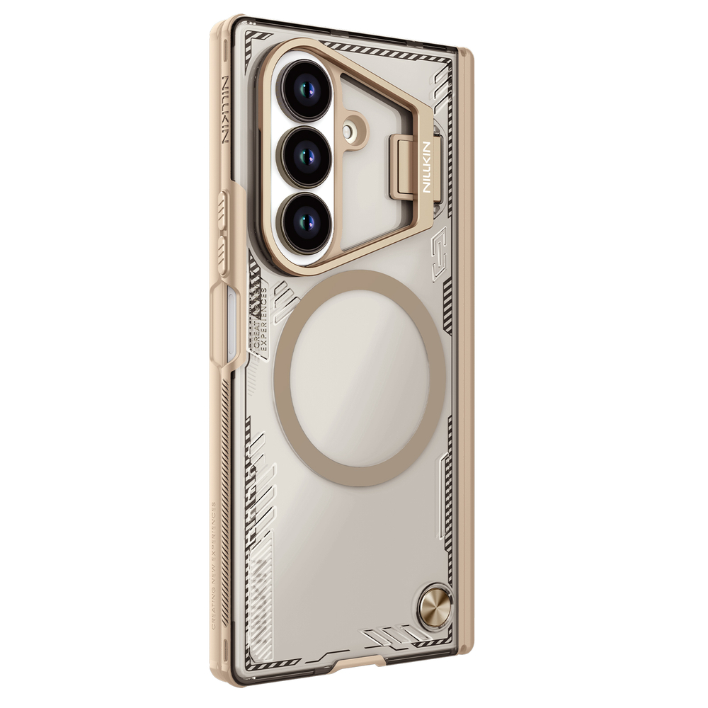 Чехол коричневого цвета (Dune Brown) с MagSafe от Nillkin с металлической откидной крышкой для камеры на Samsung Galaxy Fold 7, серия Iceblade Prop Magnetic