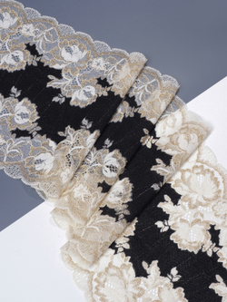 Эластичное кружево для белья черное с шампанью и золотым люрексом ширина 21 см
