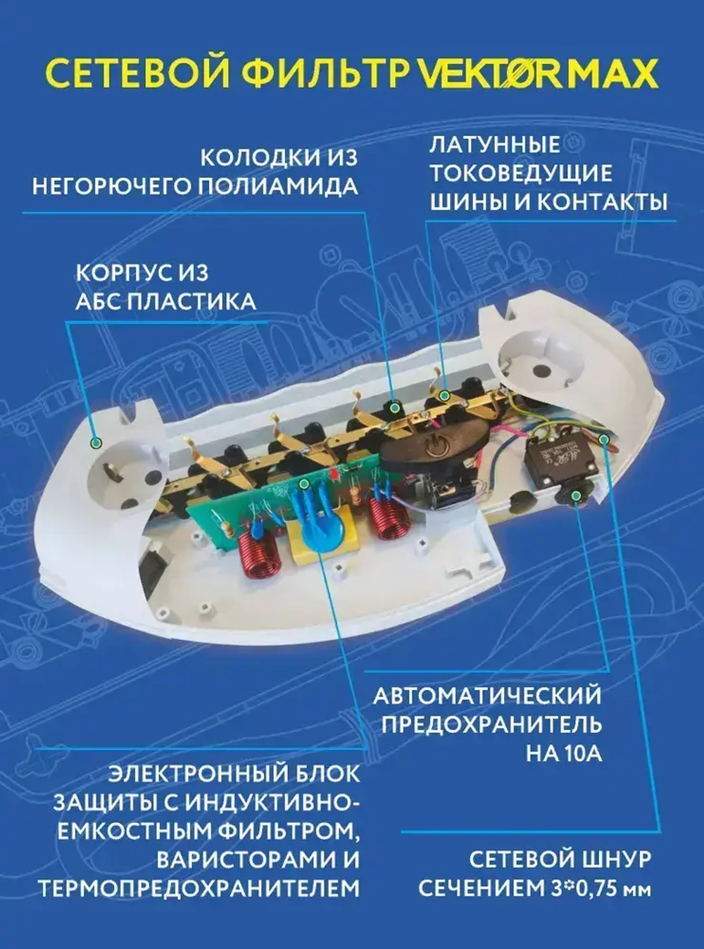 Сетевой фильтр с максимальными защитными характеристиками Vektor MAX 1,8м