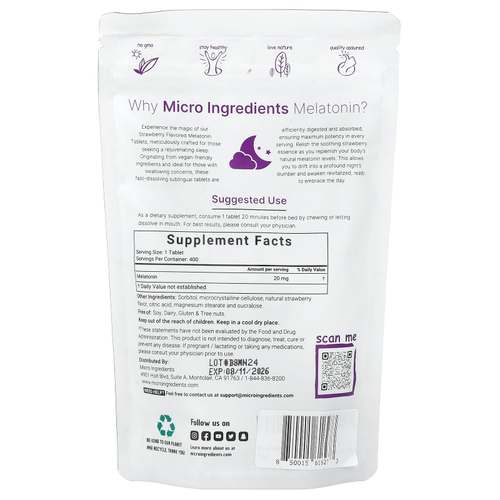 Micro Ingredients, Мелатонин, клубника, 20 мг, 400 таблеток