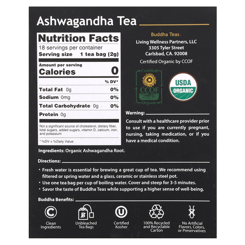 Buddha Teas, органический травяной чай, ашваганда, 18 чайных пакетиков, 36 г (1,27 унции)
