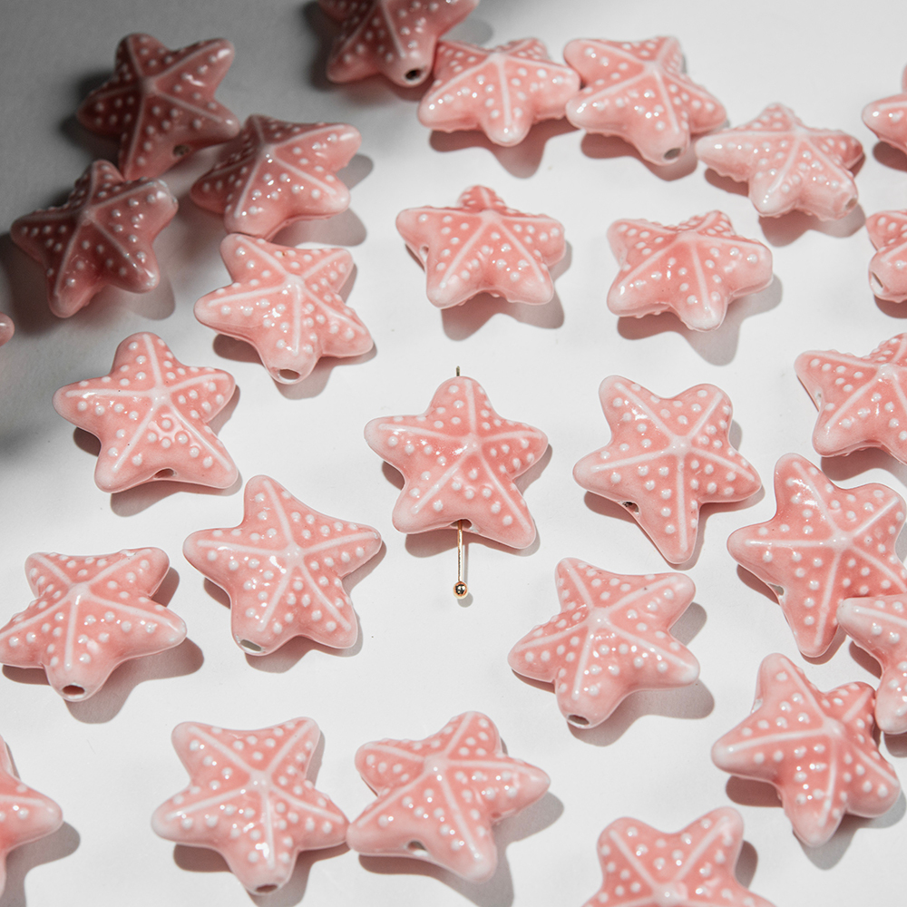 Бусина в форме морской звезды, 20*22,3мм, розовая, глазурированный фарфор